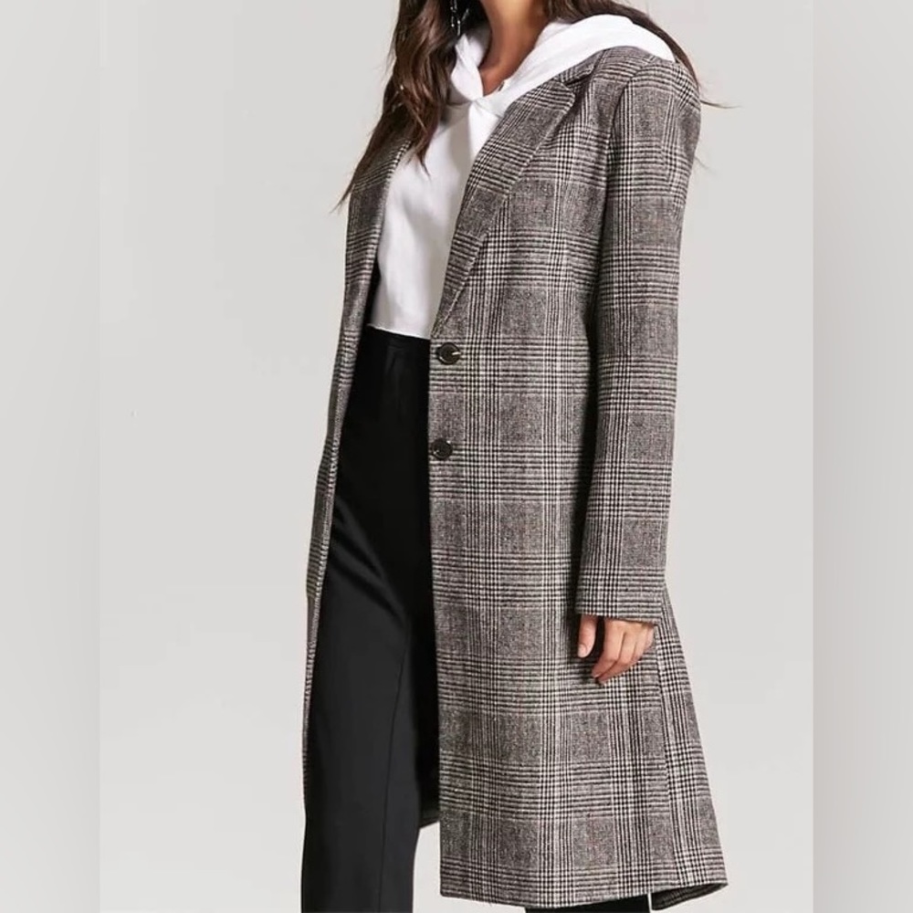 Forever 21 Contemporary Long Plaid Coat, Size S